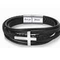 Men's black multilayer leather cross bracelet with engraved Love you forever buckle - Love you forever Silver