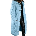Close-up of chunky cable knit texture and round buttons on light blue hooded cardigan - 3XL / Tops / Sky Blue
