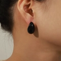 Elegant black teardrop stud earring with a glossy enamel finish for a minimalist vintage look - Large Size Black