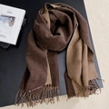 Dual-tone dark coffee and camel cashmere-feel scarf with fringe and leather tag - 200*70cm / Dark Coffee + Camel