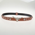 Vintage brown leather choker with bull head pendant and silver metal studs for DIY styling - 56-58cm / Brown Metal Bull Head Studded Decorative Choker (AB86)