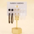 6-pair earring set featuring gold hoops, pearl studs, and leopard resin designs - Black Bead Zircon Pearl Marble (32)