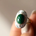 Retro S925 sterling silver ring with green oval gemstone and floral engraving detail - JZ0381-Green Gem Flower