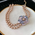 Double-layer champagne pearl necklace featuring purple camellia flower and blue gems - Necklace (Double Layer Pearl) / 1 Piece / Champagne / Purple