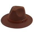 Detail of the dark brown felt fedora featuring a classic leather belt strap and metal buckle - Coffee