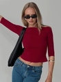 Slim fit burgundy knit top with crew neck and half sleeves for casual look - S / Burgundy