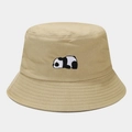 Close-up of cute panda embroidery on khaki cotton canvas sun hat with detailed stitching - Khaki