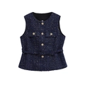 Dunkelblaue Tweed-Weste für Damen mit goldenen Rosenknöpfen und passendem Gürtel - Dunkelblau