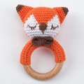Handmade crochet orange fox baby rattle with natural wooden ring for teething - Fox with Bowtie