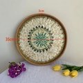 Handcrafted round rattan tray with green floral shell mosaic inlay, 35cm diameter - Boho / Large 35*3cm
