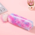 Rainbow tie-dye plush pencil case with white zipper and pompom charm on pink background - Colorful