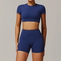 Ensemble de yoga deux pièces bleu marine avec crop top et short de sport taille haute - S / Manches Courtes + Short / Bleu Marine