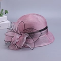 Pink organza flower sun hat with black mesh veil for elegant summer weddings - One Size / Light Purple