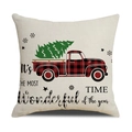 Linen Christmas pillow case with vintage red truck and tree, plaid festive cushion cover - Beige Plaid Truck Wonderful Text/22YM13-31