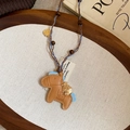 Vintage brown leather horse pendant necklace with blue woven rope and gold accents - Horse Pendant (HN10457) / Brown
