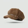 British style brown faux suede octagonal newsboy hat with leather strap and metal buckle - One Size / Belt Suede-Coffee