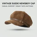 British style brown faux suede octagonal newsboy hat with leather strap and metal buckle - One Size / Belt Suede-Coffee
