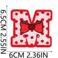 Detailed embroidery texture of Red M letter patch with bowknot and sizing dimensions - Bow Letter-M