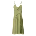 Elegant grass green spaghetti strap maxi dress with diagonal ruffle stitching details - S / Matcha Green