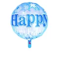 Detailed view of 18 inch blue translucent foil balloon with Happy Birthday and stars - Transparent Blue Happy Birthday Balloon
