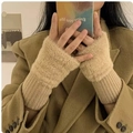 Winter half-finger faux fur gloves for women in beige camel color with knit cuffs - Khaki