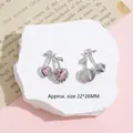 Y2K cherry pendant charm with pink heart crystals and silver alloy finish, 22x26mm - Pink Cherry / Silver