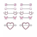Set of 5 pairs of pink zircon nipple rings in heart and butterfly stainless steel designs - Pink 10Pcs Set