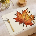 Fall placemat with orange maple leaf print on linen texture for autumn table decor - Large Realistic Maple Leaf
