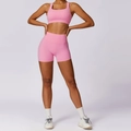 Set da yoga rosa in due pezzi con reggiseno sportivo e pantaloncini a vita alta - Rosa-Completo pantaloncini