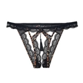 String sexy en dentelle léopard avec pompon et découpe ouverte en coloris noir - S / Léopard (Entrejambe Ouvert)