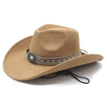 Camel felt western cowboy hat with ethnic woven band and turquoise ornament on white background - M (56-58cm) / Camel