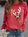 Detail of red Christmas reindeer print on long sleeve soft knit sweatshirt for women - S / Tops / Red