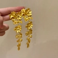 Long matte gold floral tassel earrings with natural flower cluster design and leaf details - Matte Gold Long Floral Style (65# Silver Earring Post, Eco-Friendly, Gold Color)