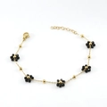 Elegant gold stainless steel bracelet with black flower charms and lobster clasp closure - Black Bracelet