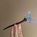 Minimalist wooden hair pin with a translucent blue wave resin top for a modern style - Blue Fish Tail Hair Stick