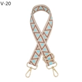 Detail view of V-20 geometric ethnic canvas bag strap with light gold swivel hooks - Silver Clasp / V-20 Dark Khaki Lake Blue Dots