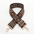 Close-up of ethnic floral embroidery texture on 5cm wide shoulder strap with gold hooks - Black Beige Brown Floral