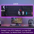 Black 116x41cm modular pegboard wall organizer with hooks and shelves for gaming setups - Combo Package F - Black