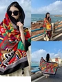 Detailed views of ethnic print sun shawl with vibrant geometric patterns and tassels - Colorful Patchwork Geometric (Geometric Pattern-1)