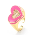 Adjustable gold ring with a pink enamel heart and shimmering cubic zirconia stones - Adjustable Open / Rose Red