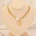 Layered gold chain necklace with white pearl and textured heart pendant on beige mannequin - Pearl Textured Heart Style (2#)
