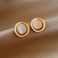 Elegant gold round stud earrings with opal stone inlay on soft silk background - Gold Round Opal Retro Simple Stud Earrings