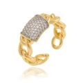 Minimalist gold chain link ring with a silver rectangle diamond insert on white background - Adjustable Open / Chain Style Zirconia Inlaid Style (J1536)