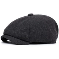 British style herringbone newsboy cap in dark grey with classic retro octagonal design - One Size / Black