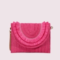 Fuchsia strooien envelop clutch tas met meerlaagse kwastjes en lederen schouderband - Rozerood