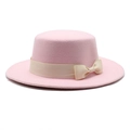 Pink flat top wool felt boater hat with a cream grosgrain ribbon and elegant bow accent - M (56-58cm) / Pink
