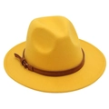 Detailed view of yellow wool felt fedora hat featuring a brown leather band and metal buckle - M (56-58cm) / Yellow (Yellow Rope)