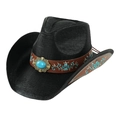 Cappello da cowboy nero intrecciato con pietra turchese e fascia ricamata marrone - Nero Cintura Marrone