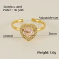 Adjustable 18k gold plated stainless steel ring with pink heart zircon stone - Gold with Pink Zirconia