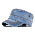 Berretto militare piatto in denim blu chiaro con cuciture a contrasto e prese d'aria in metallo - Regolabile / Blu